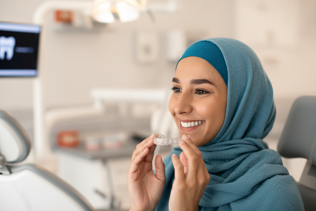 Smiling woman in a headscarf holding a clear Invisalign aligner tray