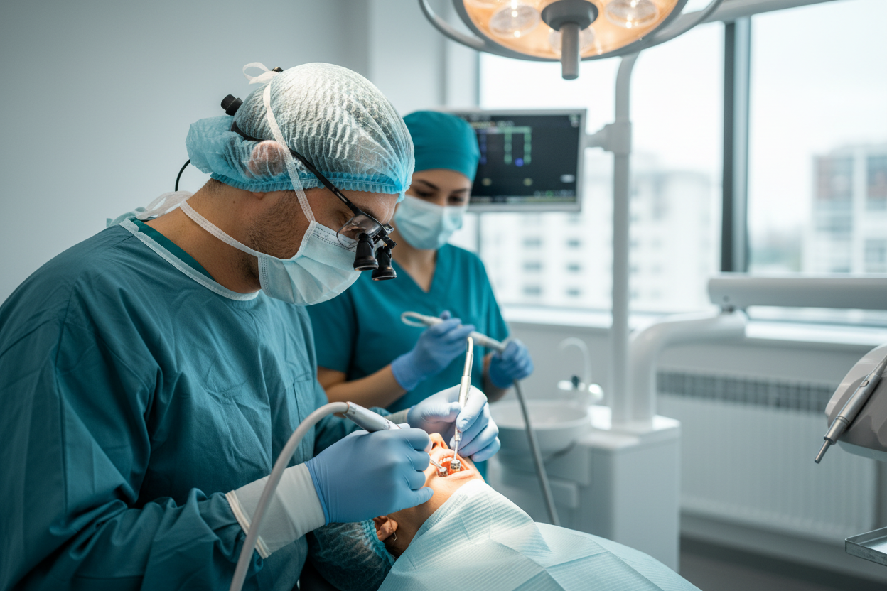 Dental surgeon and nurse performing oral surgery under surgical lighting