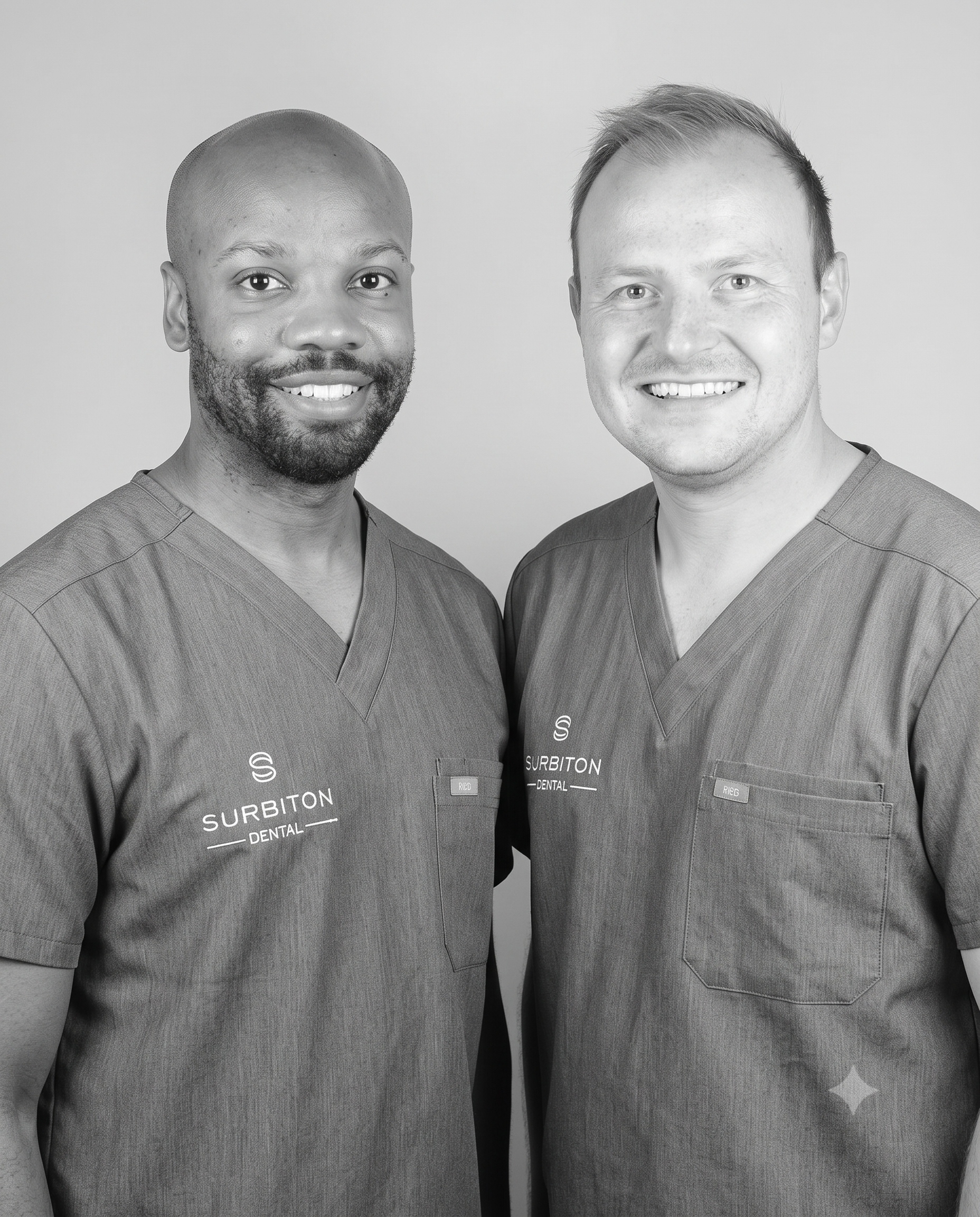 Black and white portrait of Dr Keiron and Dr Wiktor at Surbiton Dental