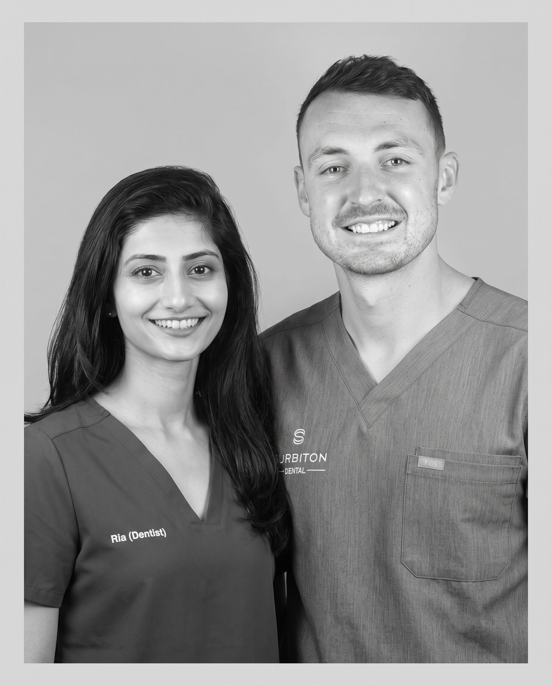 Black and white portrait of Dr Ria and Dr Jack at Surbiton Dental
