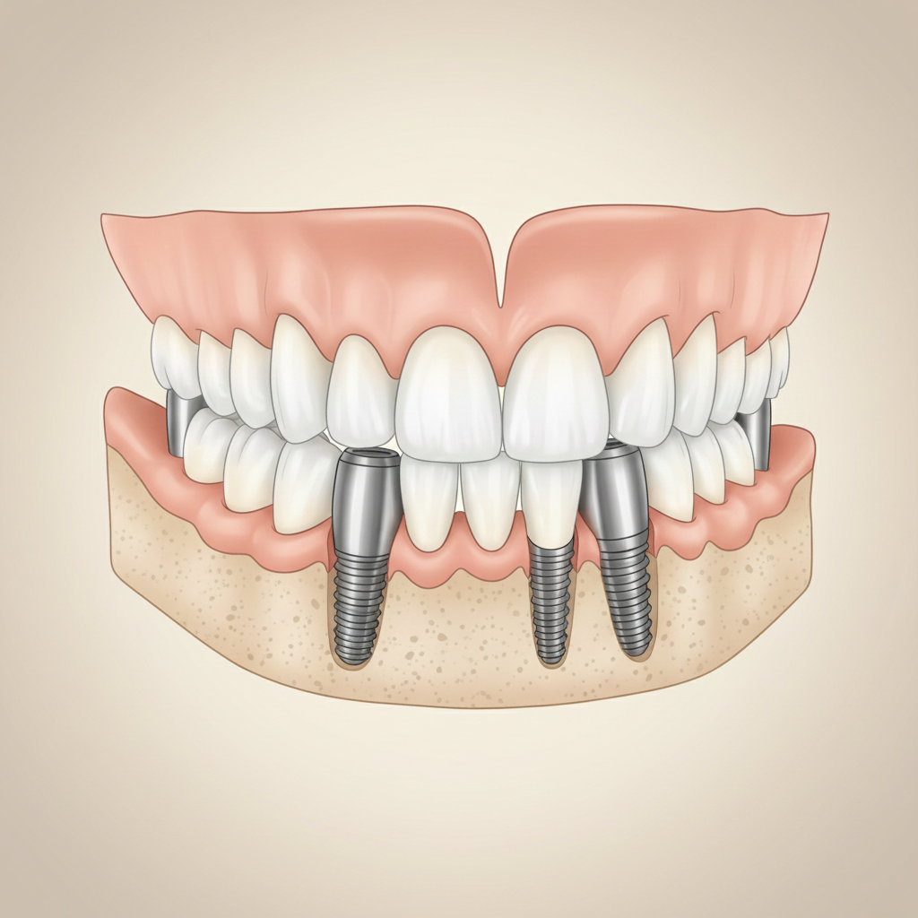 Medical illustration of full-arch dental implants supporting fixed upper and lower restorations