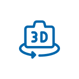 Blue 3D digital imaging camera icon for modern dental diagnostics