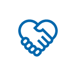 Blue heart-shaped handshake icon representing compassionate care and trust