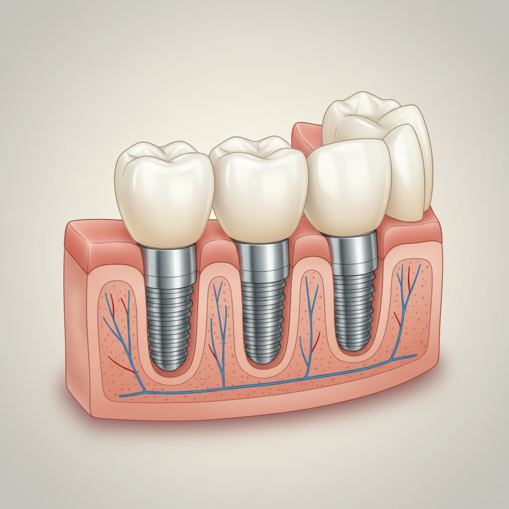 Medical diagram showing multiple dental implants supporting a fixed bridge restoration