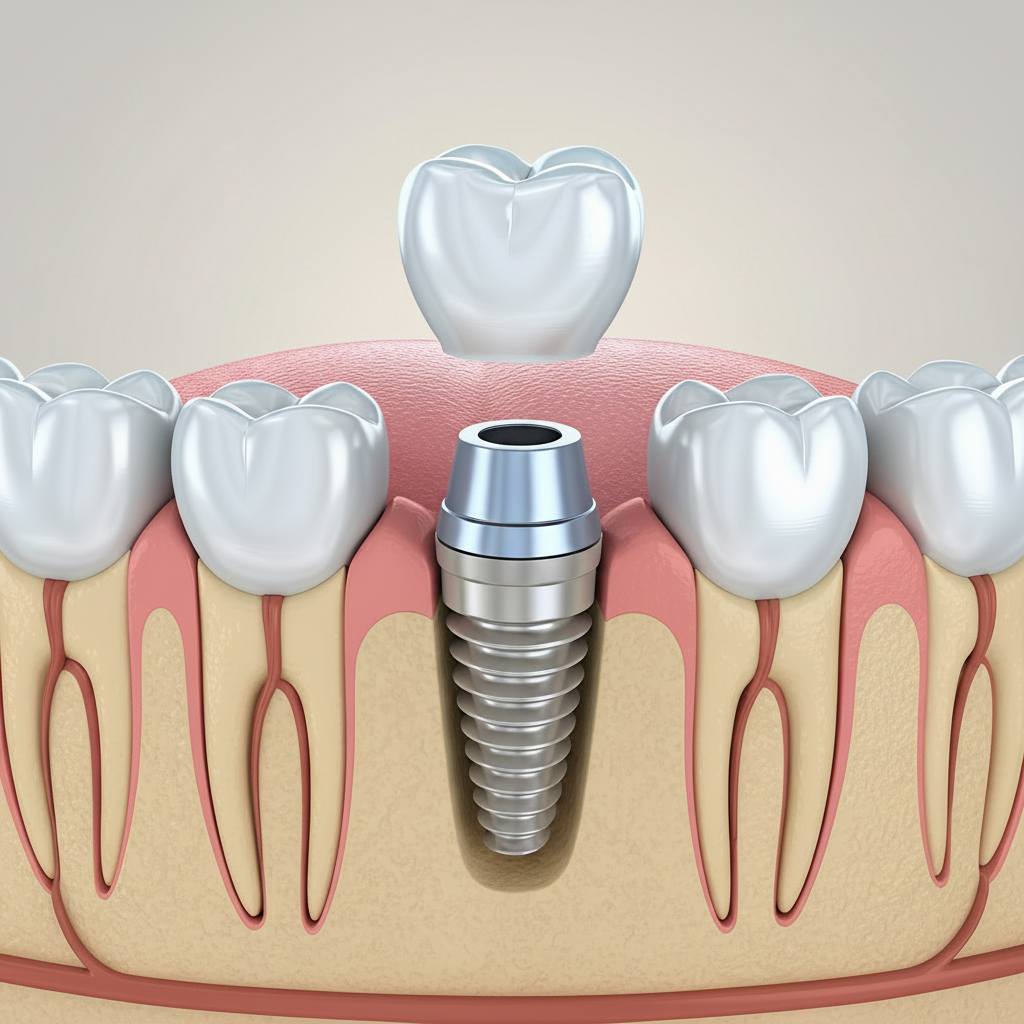 Medical diagram of a titanium dental implant post and crown inserted into jawbone